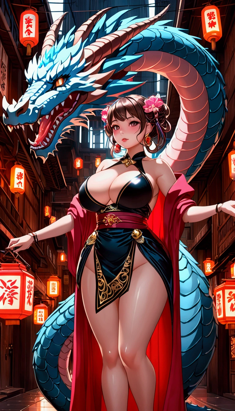 Kyoto Animation stylized anime mixed with tradition Chinese artworks~ A dragon flying at modern cyberpunk fantasy world. Cinematic Lighting, ethereal light, intricate details, extremely detailed, incredible details, full colored, complex details, insanely detailed and intricate, hypermaximalist, extremely detailed with rich colors. masterpiece, best quality, aerial view, HDR, UHD, unreal engine. plump looking at the camera, smooth thighs, (glittery jewelry) ((acrylic illustration, by artgerm, by kawacy, by John Singer Sargenti) dark Fantasy background, glittery jewelry, Representative, fair skin, beautiful face, Rich in details High quality, gorgeous, glamorous, 8k, super detail, gorgeous light and shadow, detailed decoration, detailed lines