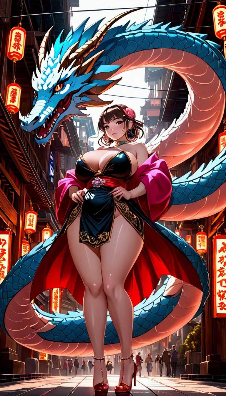 Kyoto Animation stylized anime mixed with tradition Chinese artworks~ A dragon flying at modern cyberpunk fantasy world. Cinematic Lighting, ethereal light, intricate details, extremely detailed, incredible details, full colored, complex details, insanely detailed and intricate, hypermaximalist, extremely detailed with rich colors. masterpiece, best quality, aerial view, HDR, UHD, unreal engine. plump looking at the camera, smooth thighs, (glittery jewelry) ((acrylic illustration, by artgerm, by kawacy, by John Singer Sargenti) dark Fantasy background, glittery jewelry, Representative, fair skin, beautiful face, Rich in details High quality, gorgeous, glamorous, 8k, super detail, gorgeous light and shadow, detailed decoration, detailed lines