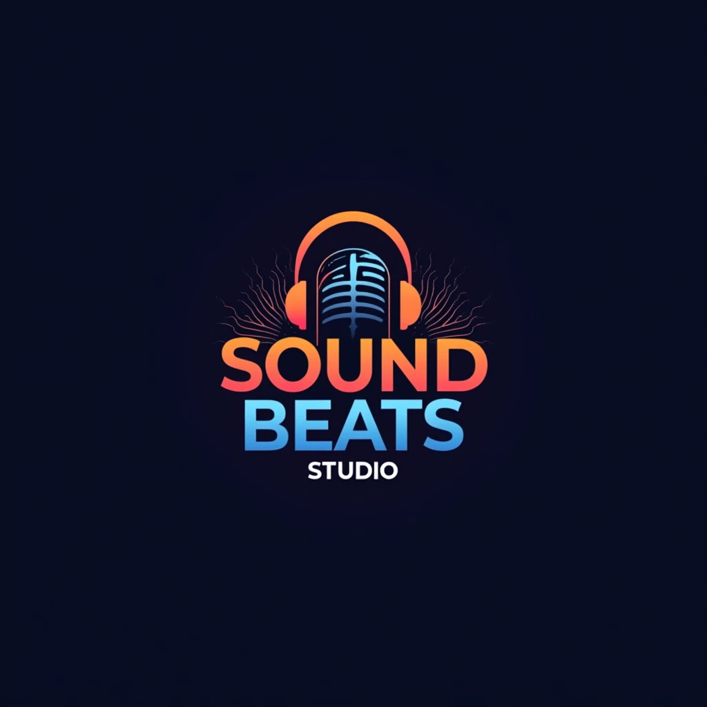 "Create a modern and sleek logo for a music channel named 'Sound Beats Studio.' The logo should feature a combination of musicalelements such as soundwaves, headphones, or a microphone, integrated with the text 'Sound Beats Studio' in a clean, bold font. Use a color palette that includes deep blues and vibrant oranges to convey energy and creativity. The design should be simple yet dynamic, reflecting the diverse and high-quality music content of the channel."