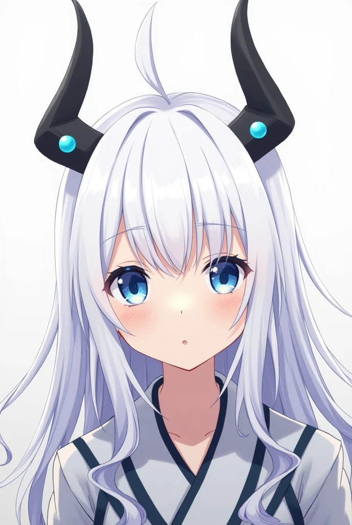 A Japanese anime style girl with long white hair，M-shaped bangs，She has a pair of blue eyes，There are only two black upward arrow-shaped head ornaments on her head. There is only one blue round bead in the middle of each upward arrow.