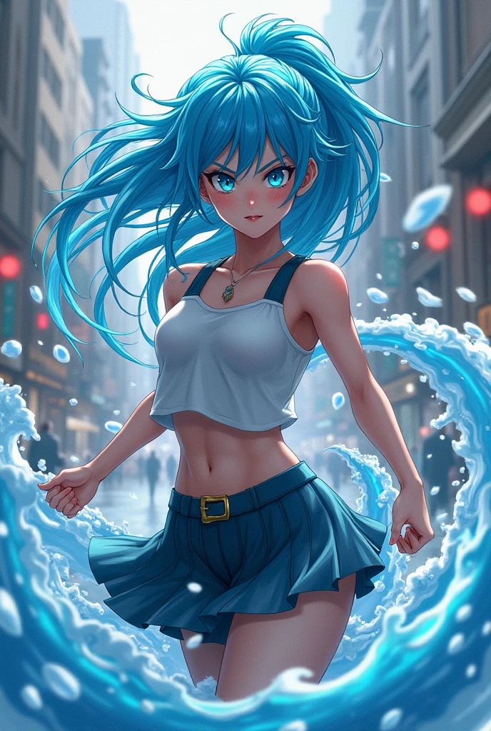Create a female My Hero Academia character with light blue hair and water power with Bakugou character
