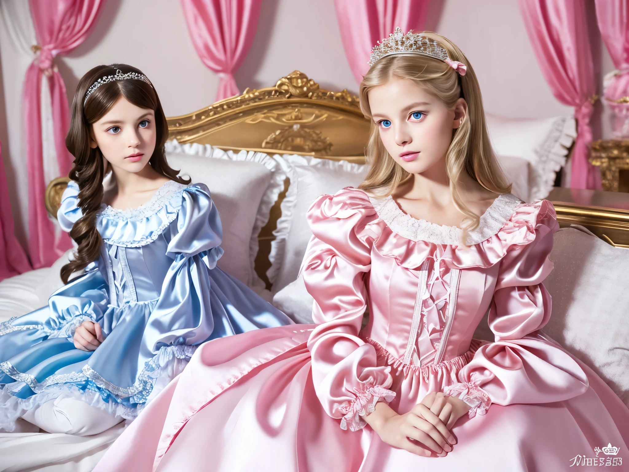 ,highest quality, masterpiece, highest resolution, artwork, 3k realistic pictures,((A short young girl))Ultra-detailed juvenile face,two are princesses,full length ball gown dress with hoop skirt,ruffled yoke collar,The shoulders are not exposed,puff sleeves,long sleeve,((Lolita style hot pink detailed princess satin dress with lots of ruffles and ribbons)),Rococo style lolita fashion,shiny satin dress,Soft and smooth fabric,luxury,long blonde hair,blue eyes,white skin european,Pajama,((in the bedroom)),high quality silk satin pink princess canopy bed,slik satin frilled pillows,