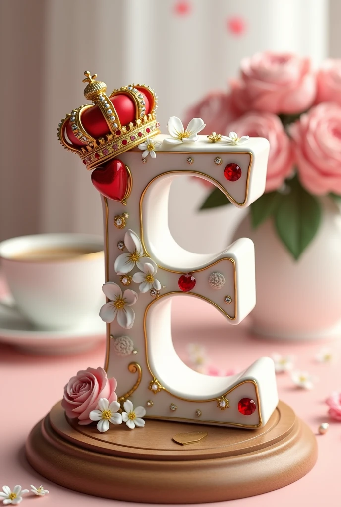  A 3D render of a white letter E with gold embellishments and small white flowers on a wooden base. The letter is adorned with a red heart and a gold British crown with red jewels. The background is blurred and features a cup of coffee and a bouquet of pink flowers.  The image is styled to look like a beautiful, whimsical scene.