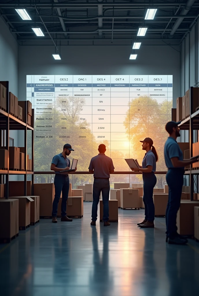 A professional and realistic image a well-structured work schedule at a fulfillment center that supports a healthy work-life balance. The scene shows employees in a modern, organized warehouse environment, efficiently completing their tasks with a clear schedule visible on a digital display or wall-mounted board. The schedule highlights shift timings, breaks, and end-of-day hours, emphasizing the company's commitment to respecting personal time. Outside the warehouse windows, a glimpse of a peaceful park or sunset symbolizes the balance between work and personal life. The workers appear focused but relaxed, reflecting a harmonious blend of productivity and personal well-being.