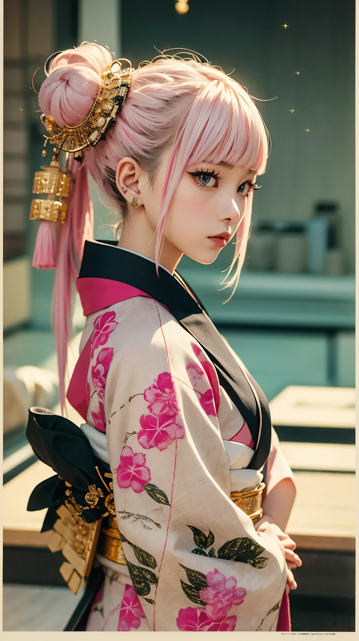 masterpiece, Highest quality, A solemn Japanese-style room with tatami mats, A large photograph of a woman from head to waist, Face from an angle, Chain-themed accessories, (Punk rock kimono, white地に黒+gold:1.3), (white+passion pink hair color, Mid-length hair, Bun Hair), (Dark Eyes, Sparkling eyes), (Lots of eyelashes)