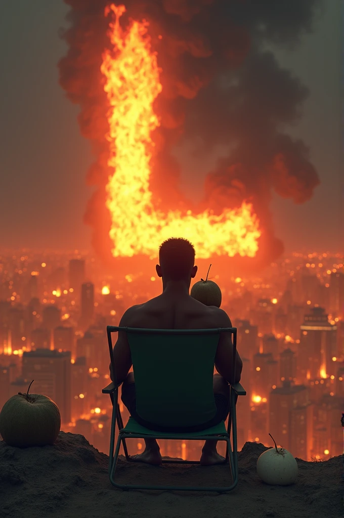 Dark-skinned man 1 m 80 tall, sitting in a beach chair, drinking coconut water, on a cliff, facing the burning city, and in the sky A gigantic Letter "L" in Embers spreading fire in the city. 