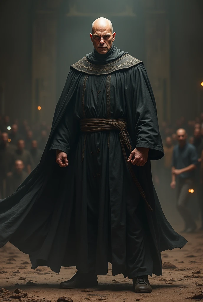 create a full body image of a bald judge, the character has to stand on the sidelines ready for a fight against an opponent