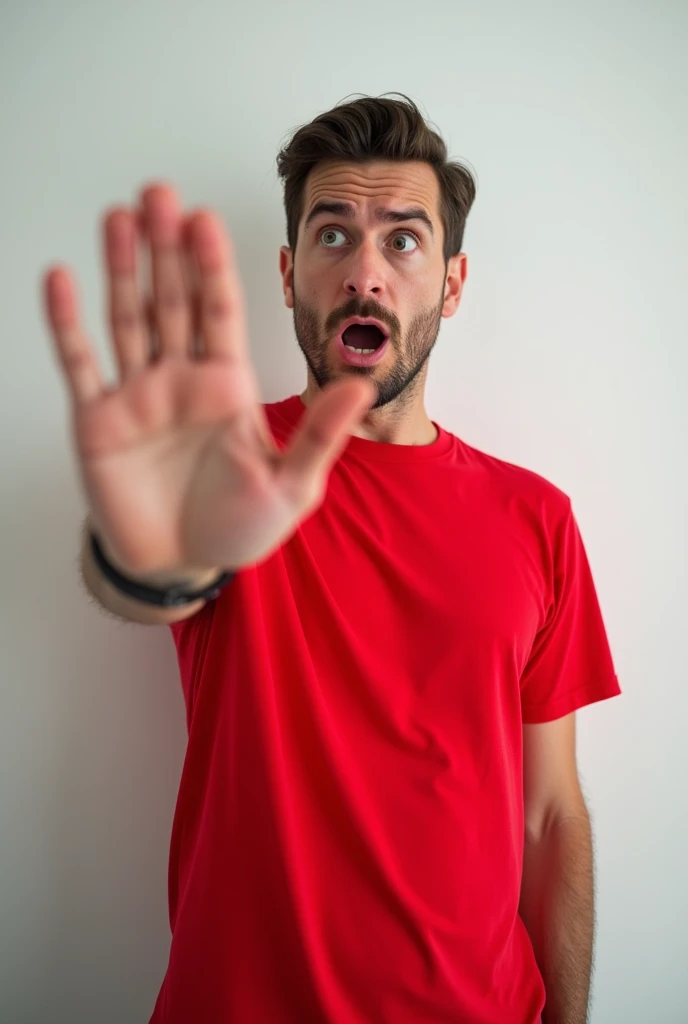 
 male makes shocked gesture, demnads shut up, wears casual bright red t-shirt, poses against white wall. People, hush, conspiracy, secret concept