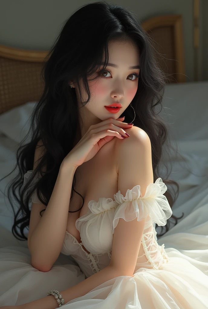 (Masterpiece - Ultra-Detailed, High Definition) Prepare to be mesmerized by a true masterpiece of ultra-detailed art in high definition. This work shows a charming woman with black long hair, mesmerizing brown eyes (1.2), wearing red lipstick, exuding an air of elegance and mystery. She is wearing sexy bedroom clothes. Sexy. Intricate details and realistic textures invite you to explore every aspect of this mesmerizing composition. Transparent white dress. Reading, writing, walking, backwards, lying down, standing, dynamic poses, mouth closed. Different postures. Very sexy, with her chin on her shoulder. Get ready to dive into a world where beauty and craftsmanship are perfectly combined.