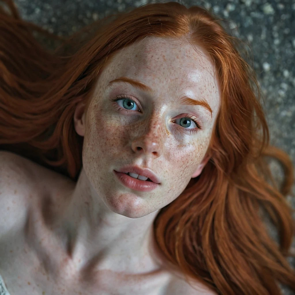 1 woman face, irish redhead , gorgeous long hair, pale skin with freckles,  with little light illuminating his face, ultra details on the face, very beautiful, Half open lips, close up 3/4, VIEW FROM ABOVE, luz outfit, 8K photo quality, Realistic details, ultra definition. 