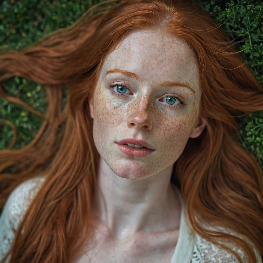 1 woman face, irish redhead , gorgeous long hair, pale skin with freckles,  with little light illuminating his face, ultra details on the face, very beautiful, Half open lips, close up 3/4, VIEW FROM ABOVE, luz outfit, 8K photo quality, Realistic details, ultra definition. 