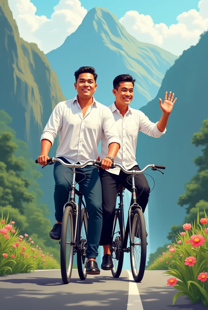Realistic Caricature of Indonesian male couple, vector art, Riding Bicycle, 2.
Male dressing white shirt long sleeve, hand bye 👋, a bit chubbby, black pants and formal black shoes. 
Male sit in behind, dressing white shirt long sleeve, hand bye 👋, skinny body, black pants and formal black shoes. background road, beautiful mountain, waterfall and flower in garden. Looks bright and beautifully scenery.
Detailed, Full HD, professional shot images