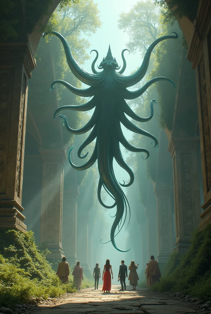 Looks like an octopus or squid Winged Many people ruins