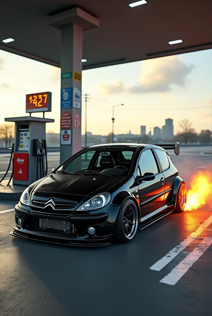 Highway gas station scenario, a car of the brand ((Citroën c3 model year 2005)), four black doors and graphite wheels lowered, exhaust spewing fire