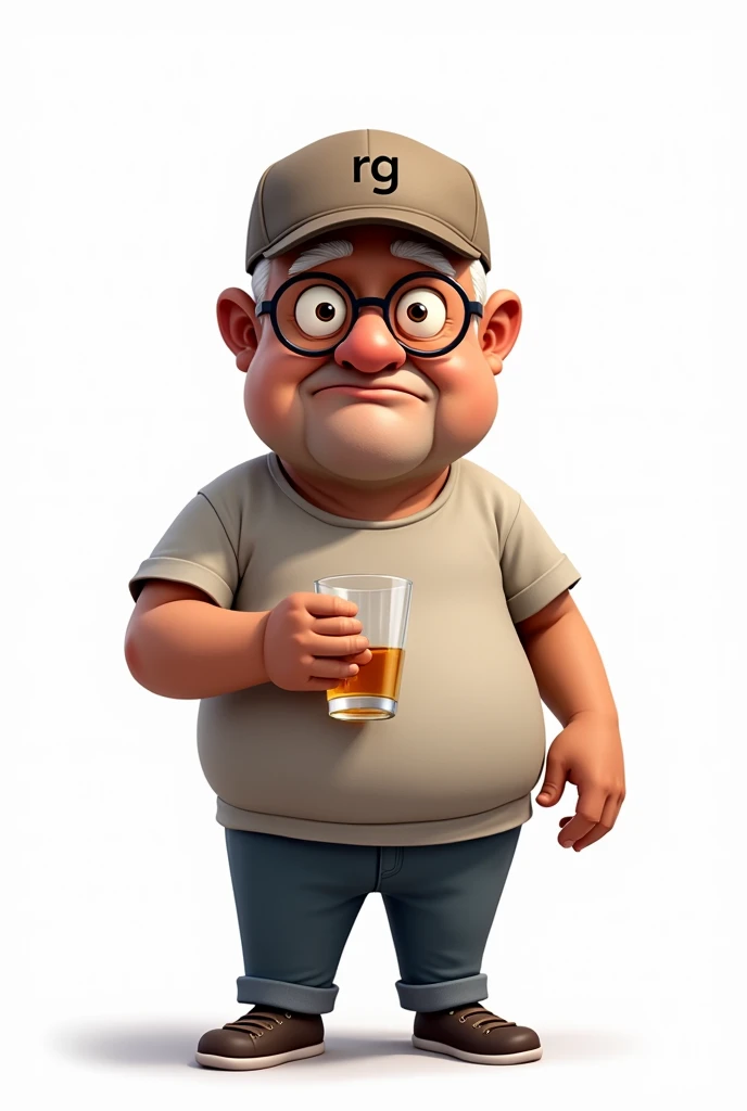 a 60 year old bald man, brown skin, with round glasses and a plain cap with the RG logo, white background, em cartoon, serious, holding a shot glass, Scrawny, WITHOUT ANY HAIR ON THE FACE