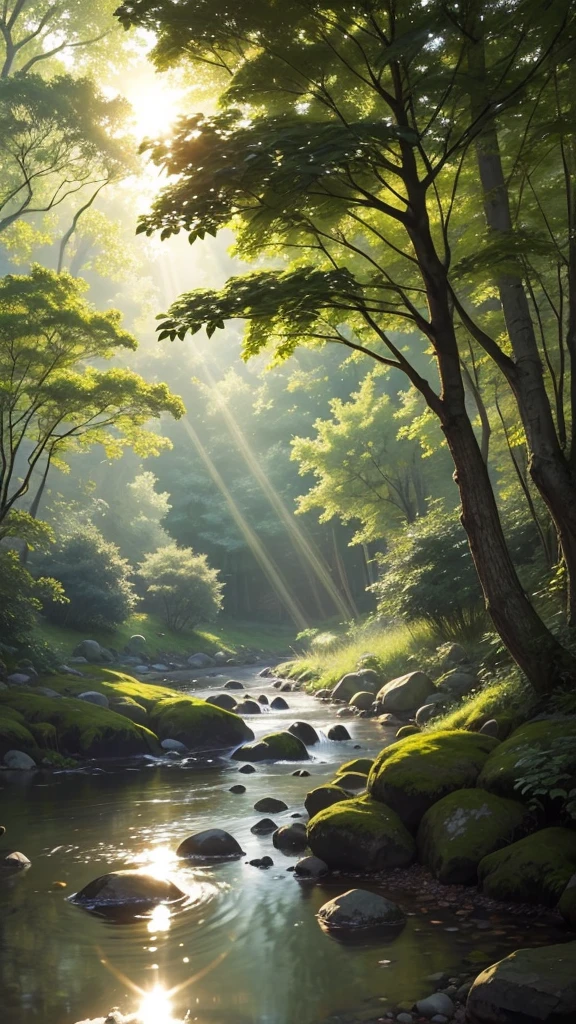 A serene morning landscape with the sun rising, its rays filtering through tree leaves. A small stream flows gently, and a soft breeze moves the leaves. The air feels fresh and invigorating.