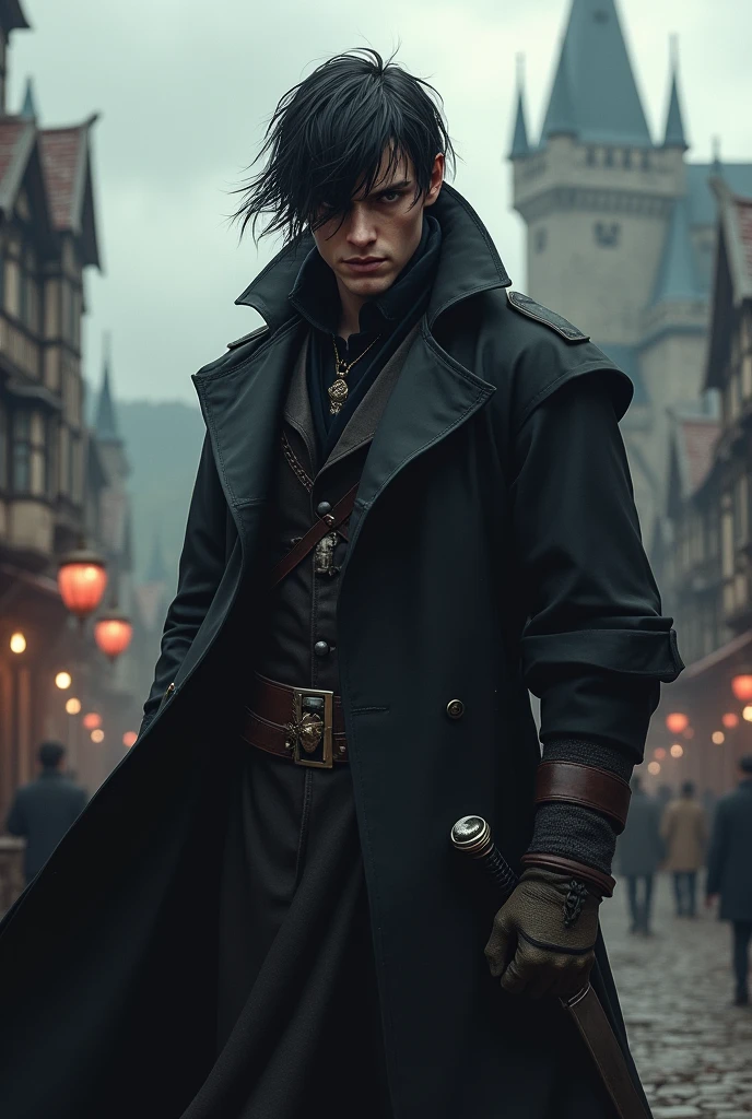 Create a male character with messy black hair and wearing a black overcoat in a medieval RPG .