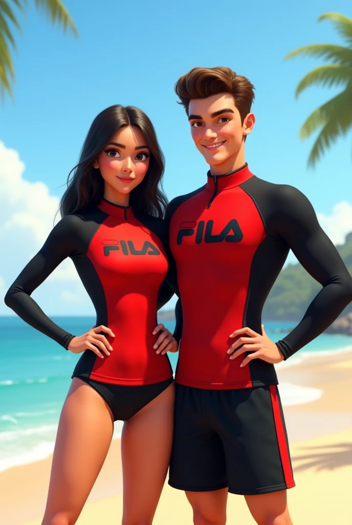 DISNEY PIXAR MOVIE POSTER
Couple wearing rush guards, the girl's rushguard is red with word FILA and black in part of arms also wearing black shorts. The guy is wearing black rushguard and black shorts. They are both holding in both hips. Background is beach