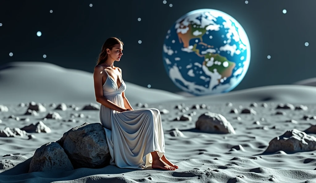 beautiful woman sitting on top of a rock on the lunar surface, in the background of the image you can see the earth, the woman is wearing a long white dress, barefoot, big breasts, High resolution,sharp focus,(ultra detailed,extremely detailed),(photorealistic artwork:1.37),(extremely detailed CG unity 8k wallpaper),(((vibrant colors,vibrant theme))),(Intricate),(masterpiece),(Best Quality),