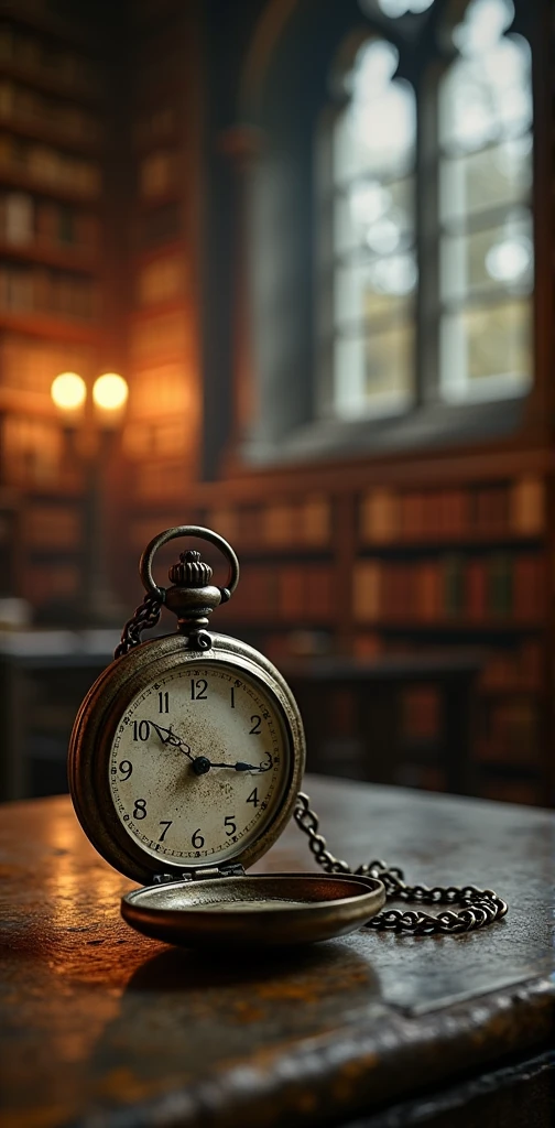 Old vintage pocket watch, dramatic scene, backlit led, bokeh f2.8, on the table, in the background the old castle library, in the background of the castle chamber