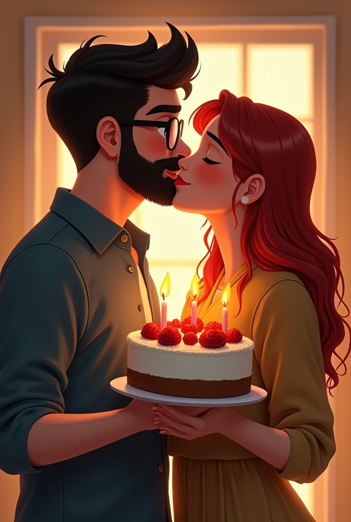 A young white man with very short black beard and glasses holding a birthday cake, and a red head young woman without glasses by his side kissing his cheek