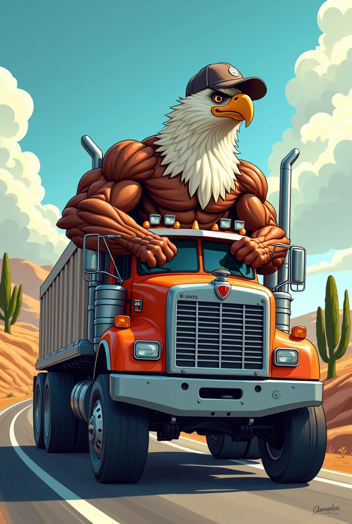 Generate a cartoonish image of a muscular eagle driving a truck viewed from the outside 