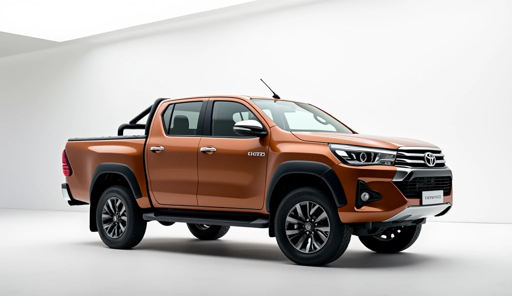 2025 Toyota hilux brown colourside view showroom ke background white ho aur wallpaper per Toyota hiluxe 2025 likha hua ho