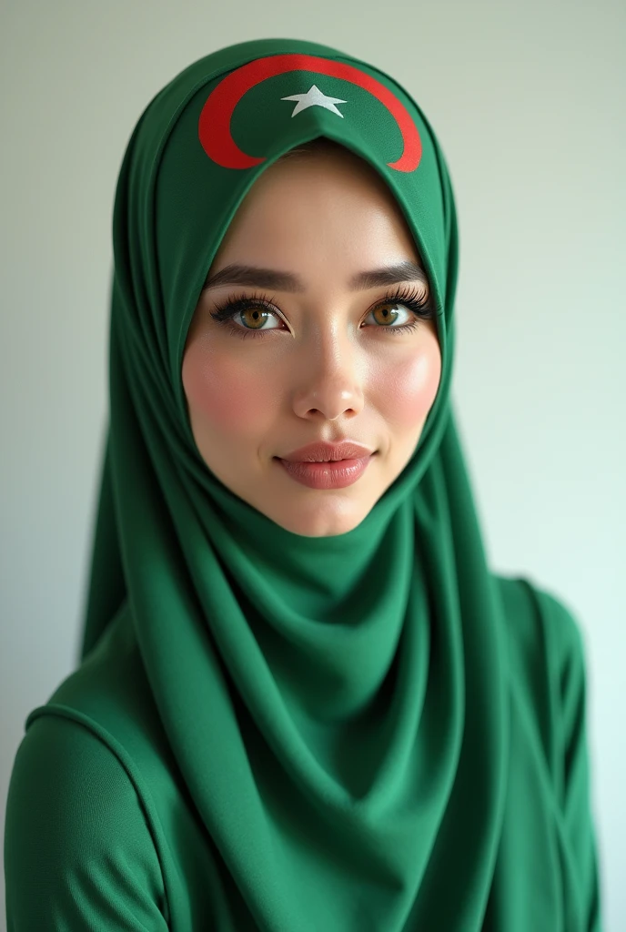 Raw, best quality, high resolution, masterpiece: 1.3), beautiful malaysian woman in hijab, colored with the Algerian flag white and green, masterpiece, perfect slim body, ((Big breasts))), big beautiful eyes,