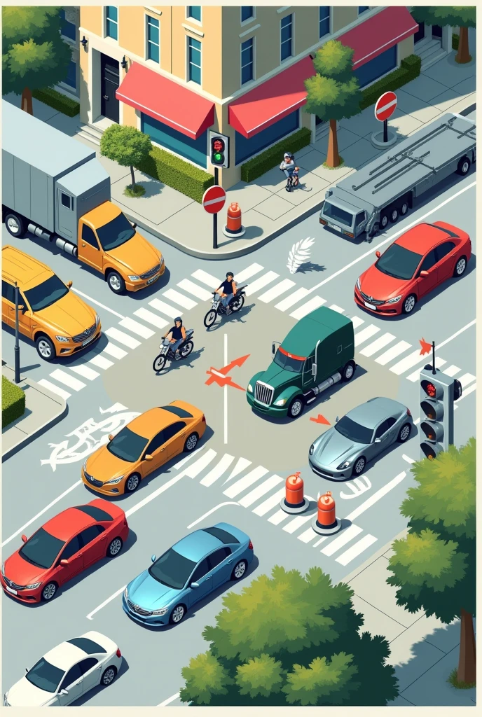 Poster about right of way rule, traffic signals
And traffic signs
Sky view
can you point out which car will cross the right of way first?