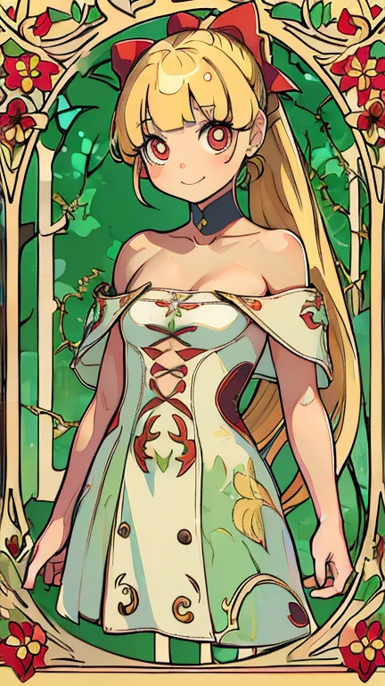 (1girl, solo, highly insanely detailed, masterpiece, top quality, best quality, highres, 4k, 8k, RAW photo),((innocent look)),((Childish)),From the front, symmetrical composition,smile,cute,Innocent,Kind eyes,Flat chest,ArsMJStyle, Art Nouveau Style, forest, vines, (ppgzmmk), (long hair, blonde hair, hair bow, blunt bangs, ponytail, red eyes, bright pupils)
(v1nedr3ss)