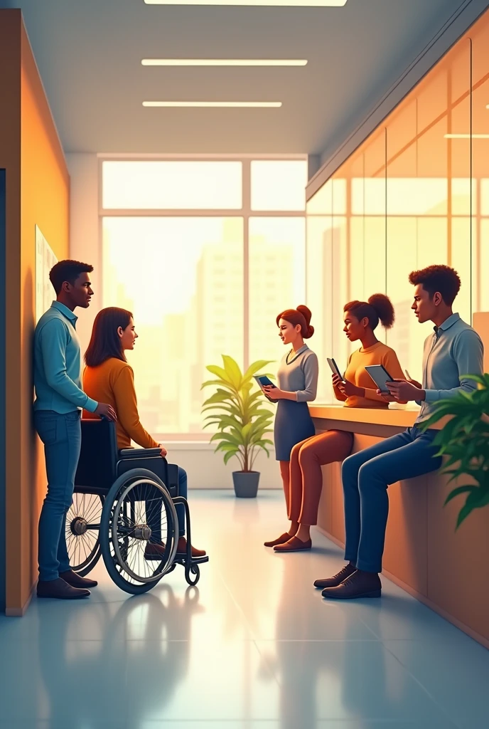 Image representing a department providing assistance to five people. being an autistic person, a person in a wheelchair, a blind person with a cane, a person in the black race, a gifted person.