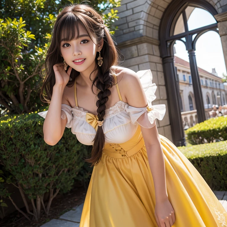 laughing out loud,1 female, ellow princess dress in beauty and the beast),Outside the castle,Large skirt,Big hem,light brown hair, blunt bangs, hair behind ears, Shoulder length hair, long hair, Braided hair repair,long body shape, 超face slimming型, face slimming, delicate lips, beautiful eyes, Thin blush, Eyes are light brown,Check it out here, (actual:1.3), One person's perspective, 8k, Super detailed, high quality, best quality, High resolution,knee shot,My breasts look big in my clothes,There are bows on both shoulder straps