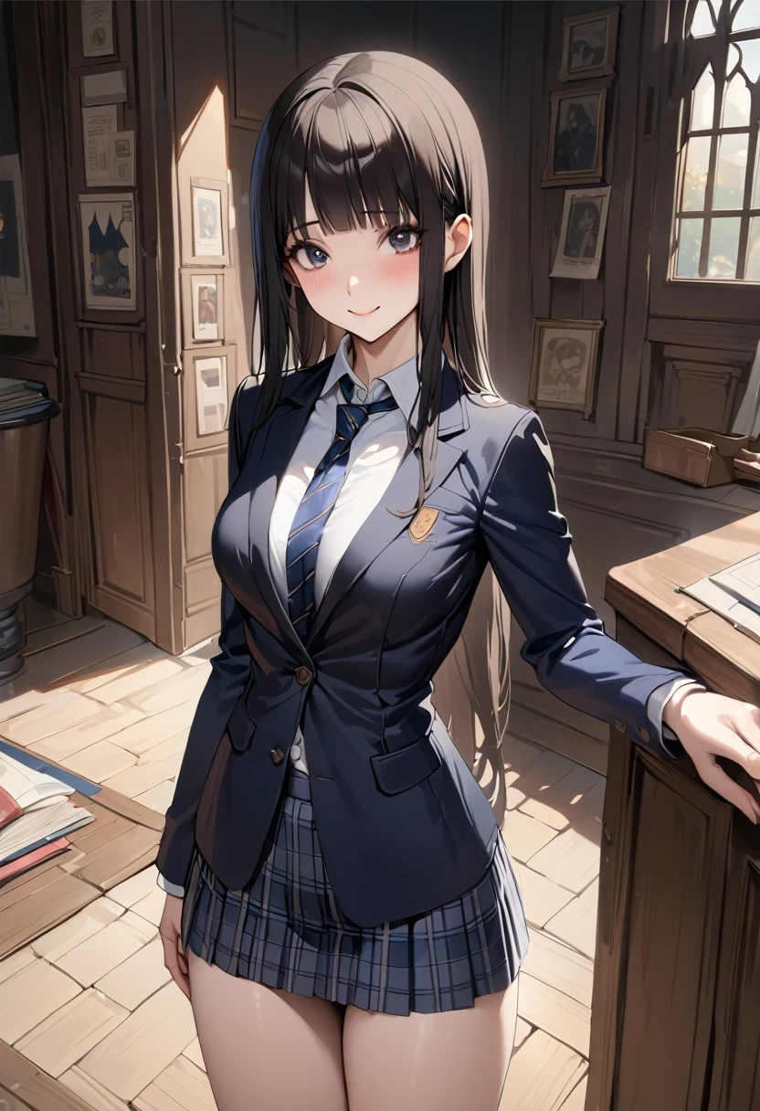 Fantasy art、((masterpiece,best quality anime,Highest quality:1.3)),realistic,portrait,cowboy shot,1woman,(Mature Beauty),((very small head:1.4)),((very long body:1.3)),long hair,black hair,bangs,(gorgeous big eyes),black eyes,smile,(School uniform、Dark blue blazer jacket、Navy blue tie、Dark blue plaid mini skirt),white collared shirt,((slender body:1.3,skinny:1.2)),medium breasts,standing,Old school building、Harry Potter World,