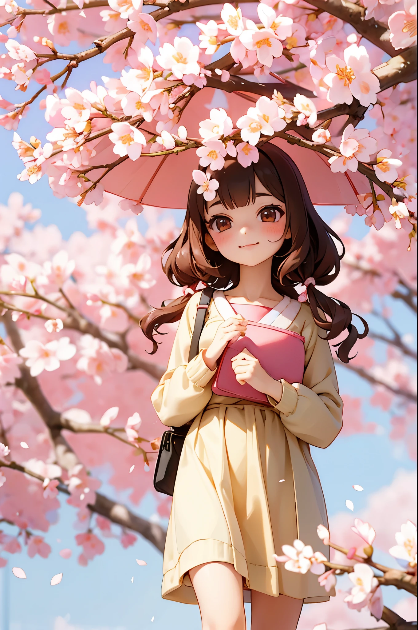 A cute girl with brown bob perm and cherry blossoms in her hair