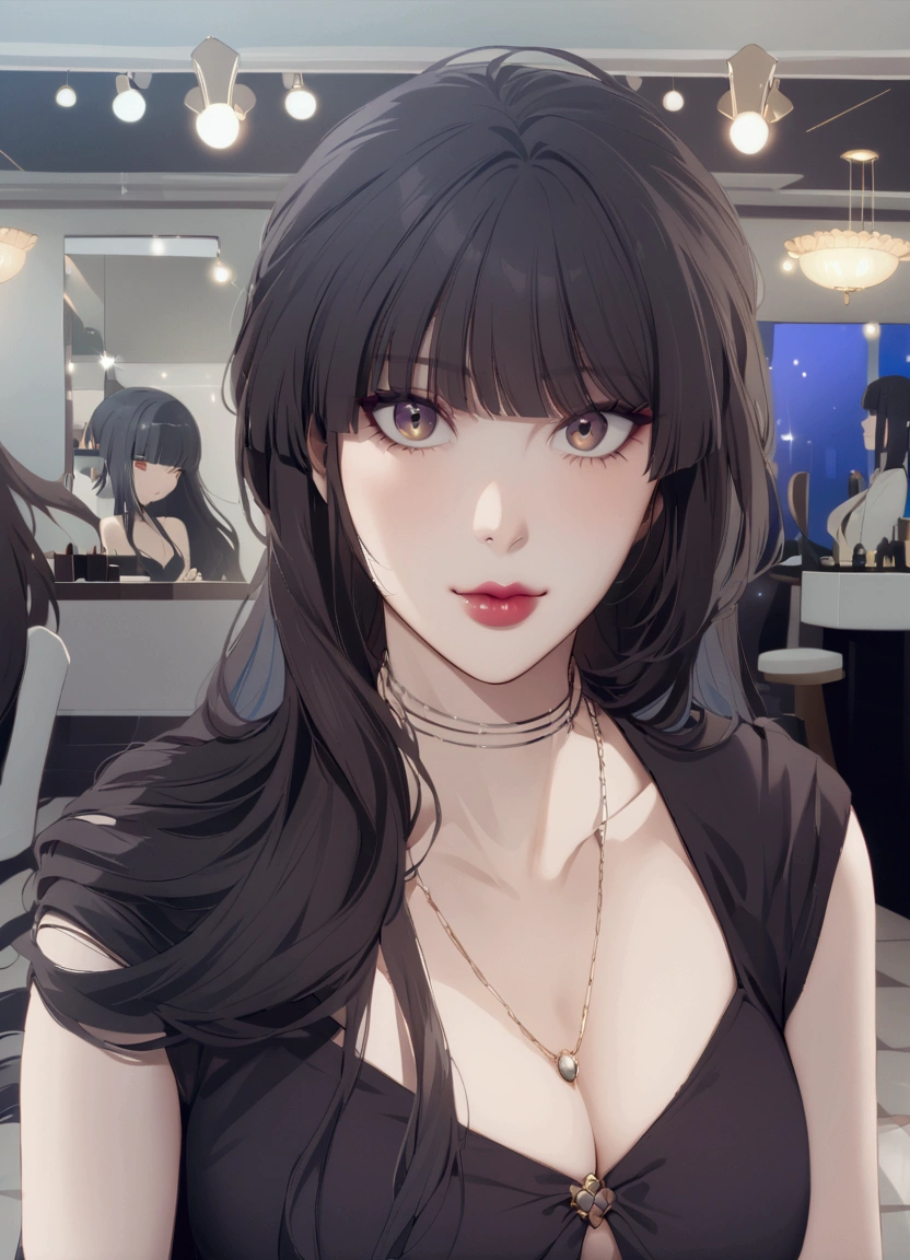 araffe woman with long hair and a necklace in a salon, long hair with full bangs, long hair with bangs, the hime cut, she has black hair with bangs, neat hair with bangs, long black hair with bangs, with bangs, long bangs, long dark hair with bangs, with full bangs, long straight bangs, very long bangs, hair blackbangs hair