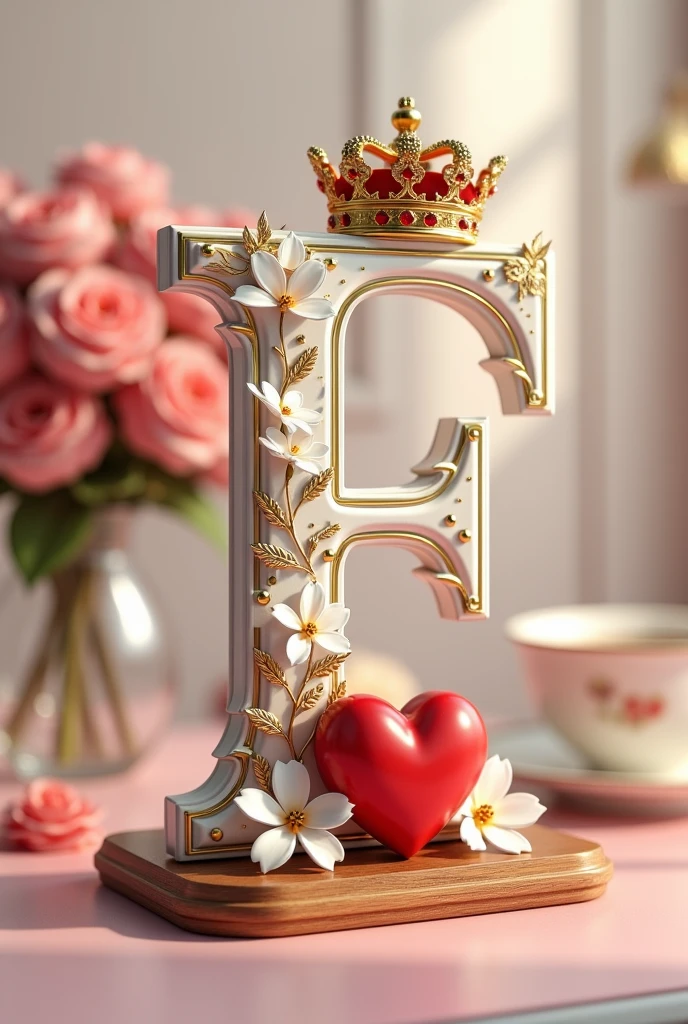 A 3D render of a white letter F with gold embellishments and small white flowers on a wooden base. The letter is adorned with a red heart and a gold British crown with red jewels. The background is blurred and features a cup of coffee and a bouquet of pink flowers. The image is styled to look like a beautiful, whimsical scene.