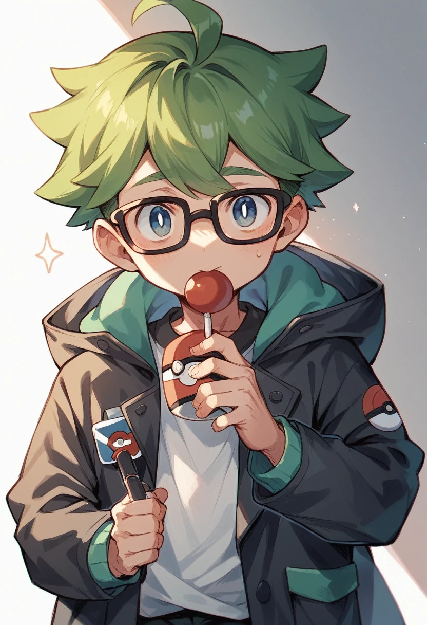 pokemon trainer, engineer, ???, boy, glasses, green medium hair, black overcoat