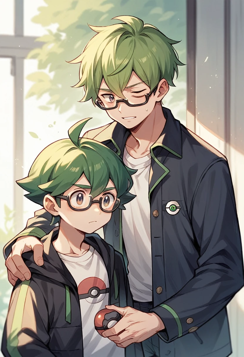 pokemon trainer, engineer, kid, boy, glasses, green medium hair, black overcoat