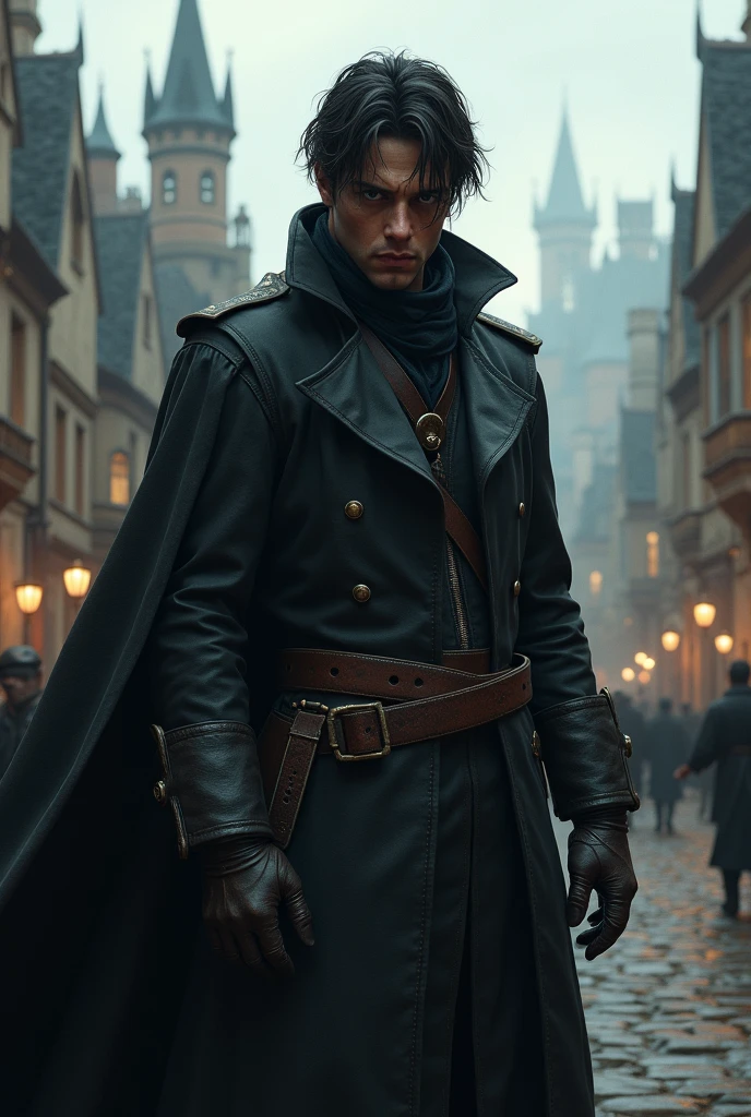 Create a male character with messy black hair and wearing a black overcoat in a medieval RPG .