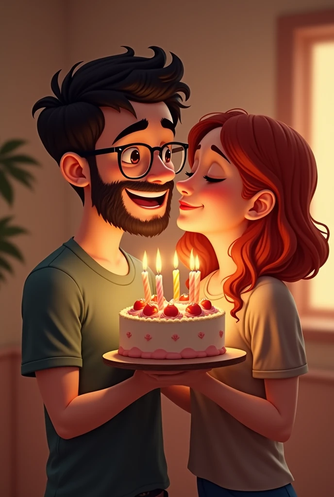 A young white man with very short black beard and glasses holding a birthday cake, and a red head young woman without glasses by his side kissing his cheek