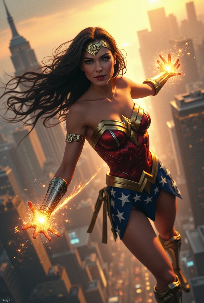 Wonder Woman, Realistic, Big breast, Full body, Fighting with Gwen Stacy, view of the city from above, spells on hands