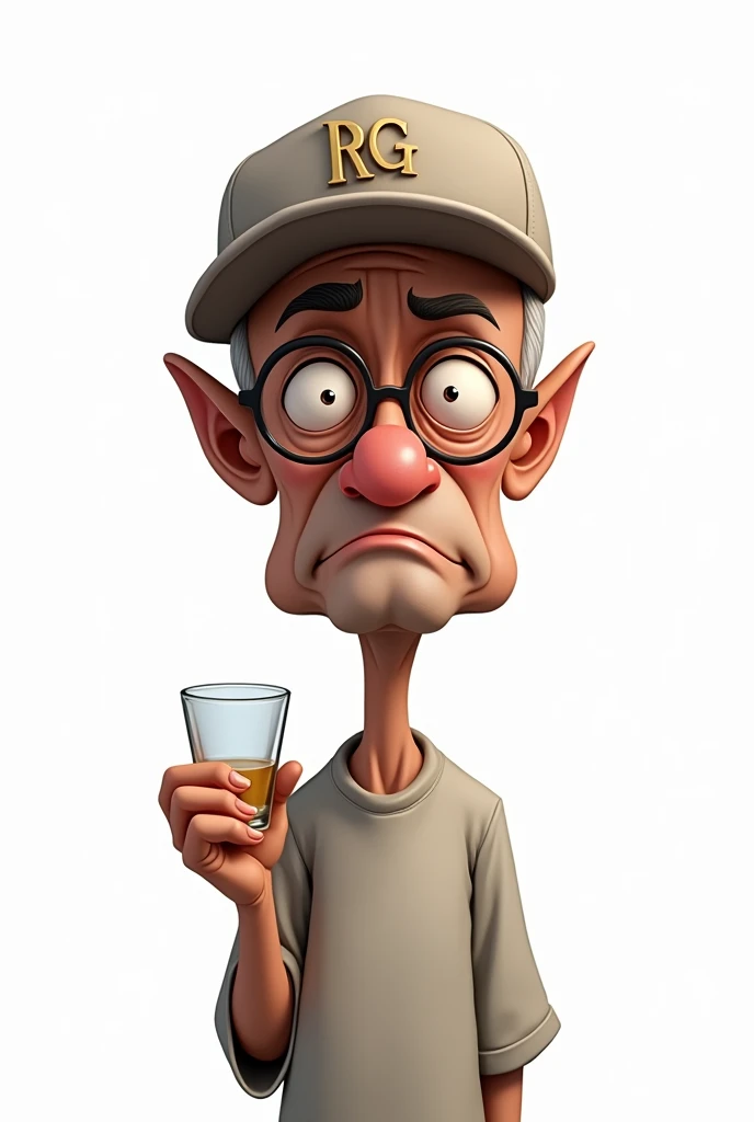 a 60 year old bald man, brown skin, with round glasses and a plain cap with the RG logo, white background, em cartoon, serious, holding a shot glass, skinny
, WITHOUT ANY HAIR ON THE FACE