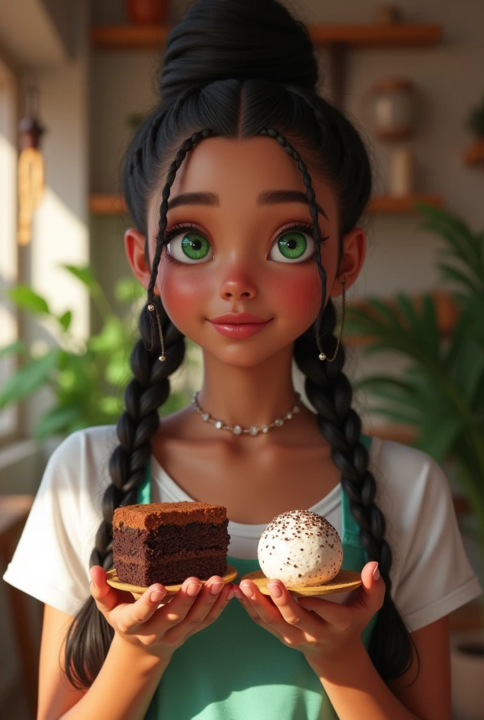 Woman with box braids, baby hair and green eyes, with brownie in one hand and brigadeiro in the other