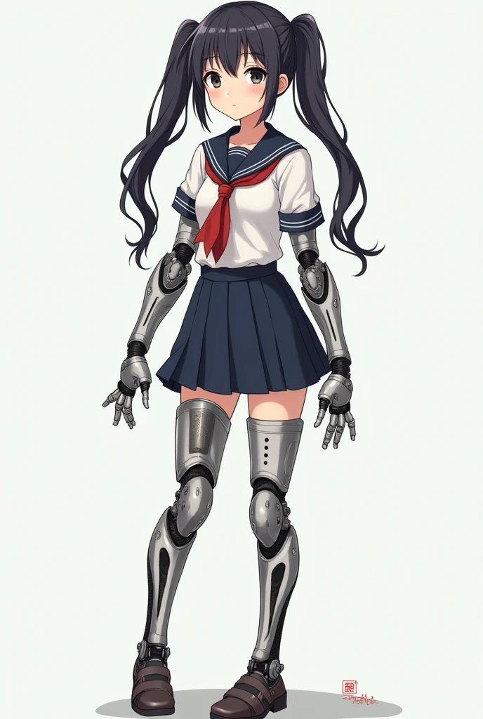 Short ite adult woman with long pigtails and school uniform Sailor uniform with short skirt With robotic prosthetics on robotic arms and legs realistic anime 2D Robotic legs Consept art 