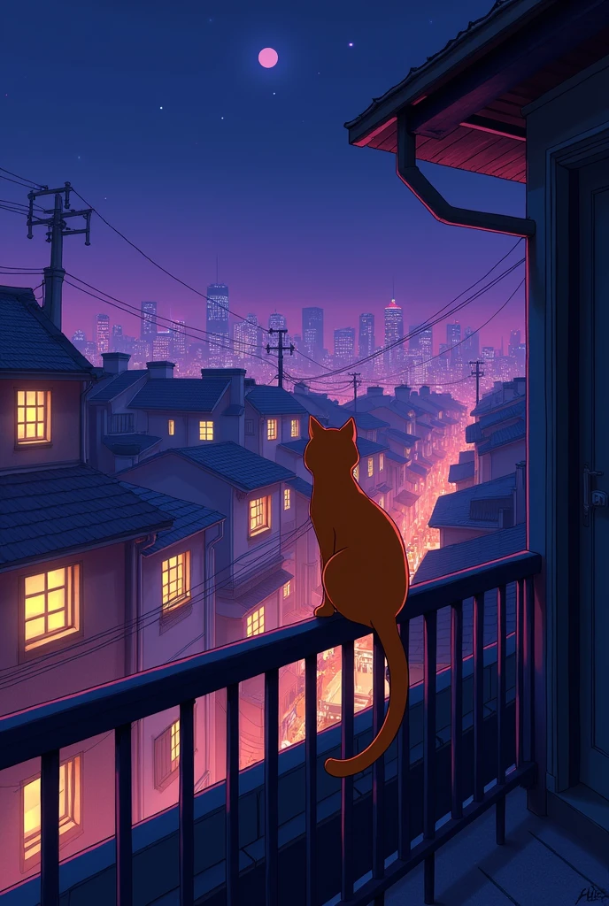 Cityscape at night, 1990s anime style with the noticable outlines of the drawings,  with hues of purple, very cozy,  in an alley with an orange cat facing the city sitting on the railings of a balcony 