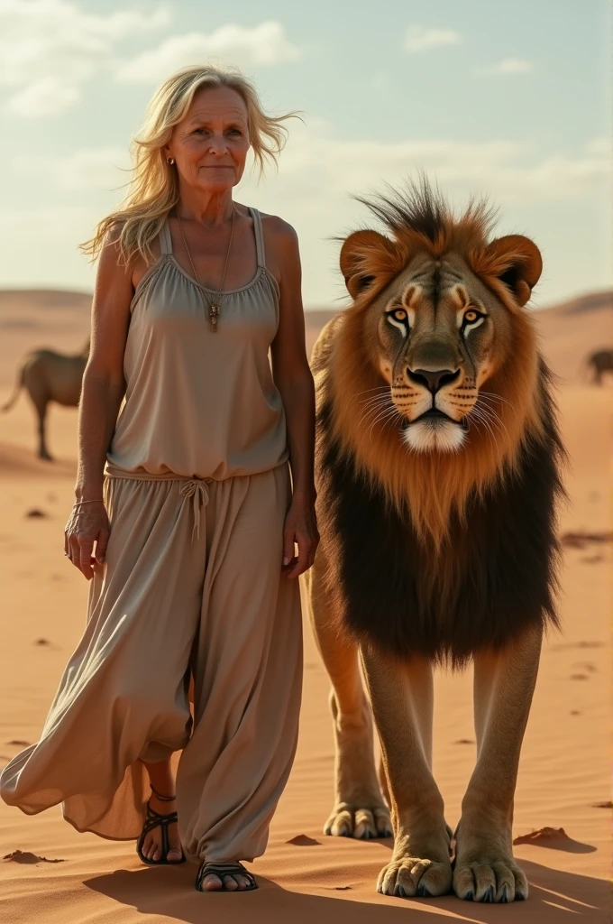 Lion in the desert with a fifty year old woman