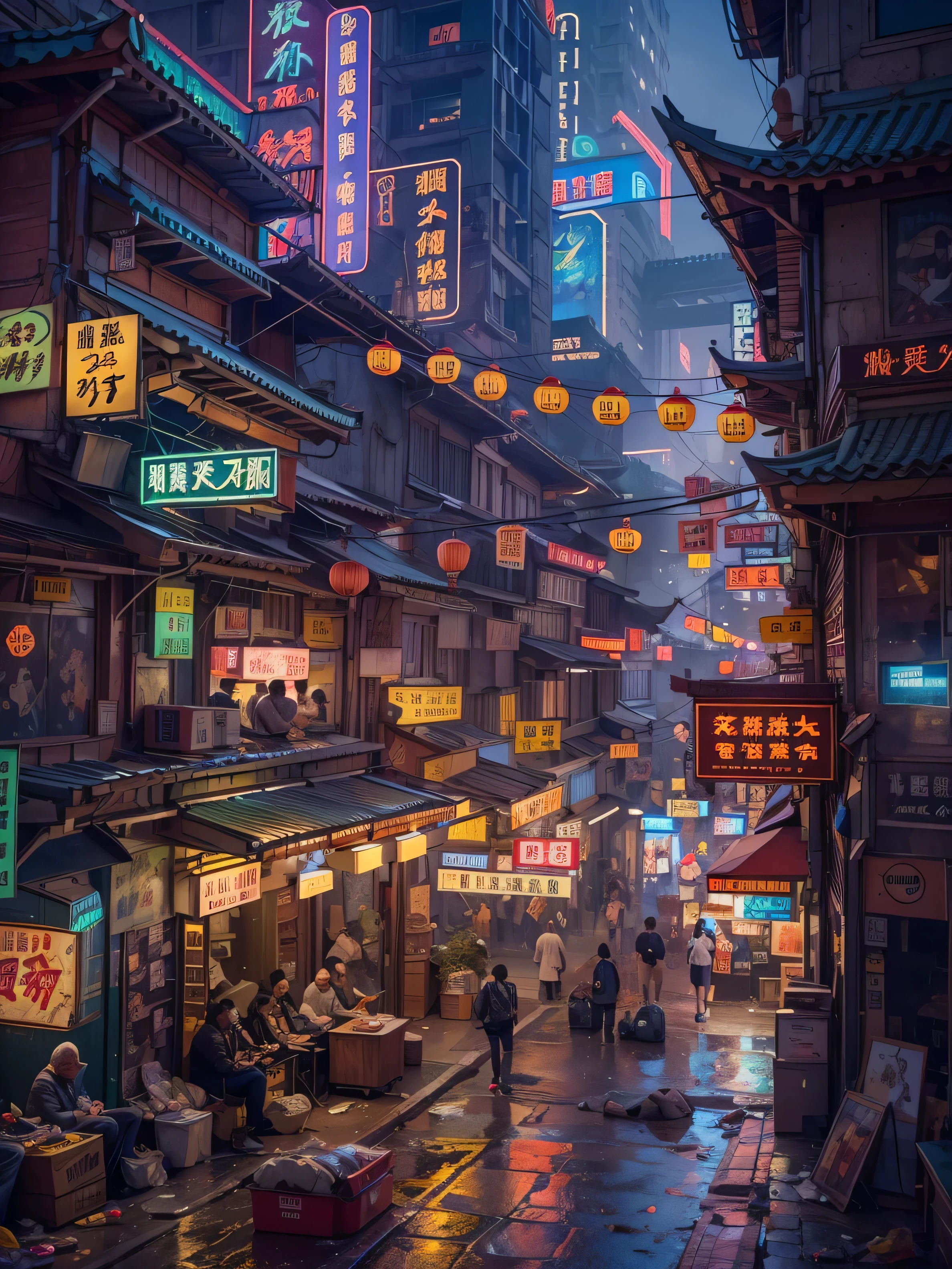 (((Masterpiece))), Best Quality,realistic perspective, High-resolution photograph,realistic details,sharp focus,Create an aerial view of a dystopian city set in the year 2527, with a cyberpunk theme centered around Chinatown. The scene should be rich in detail and feature crowded streets illuminated by vibrant neon lights. The architecture should showcase traditional Chinese elements, integrated into a futuristic, high-tech environment. The atmosphere should have a shady, mysterious vibe, with sharp focus on the intricate details of the setting, including signs, storefronts, and pedestrians. The depth of field should emphasize the contrast between the sharp foreground and the slightly blurred background(extremely intricate:1.3),4k, 8k
