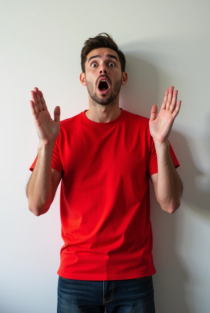male makes shocked gesture, wears casual bright red t-shirt, poses against white wall. People, hush, conspiracy, secret concept