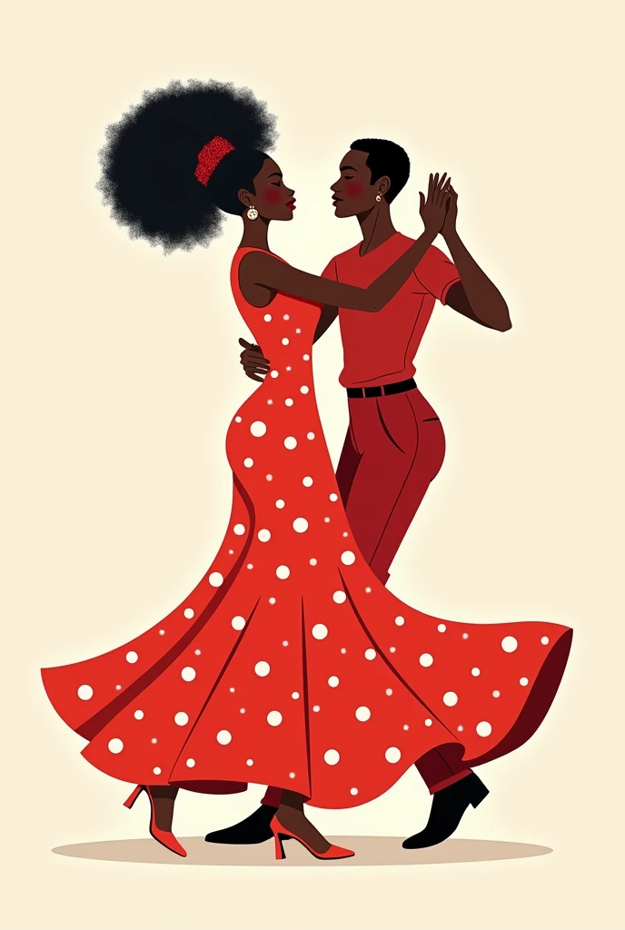  Illustration of a somewhat African-descended couple wearing red clothes with white dots, "dancing celebration", that has fine features, Keep the illustration as simple as possible with stroke and fill
