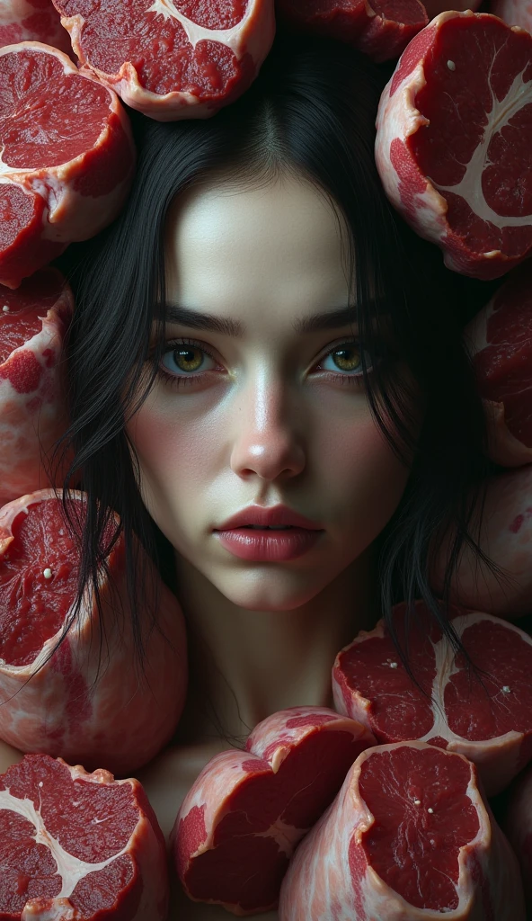 A woman's face and pieces of raw meat